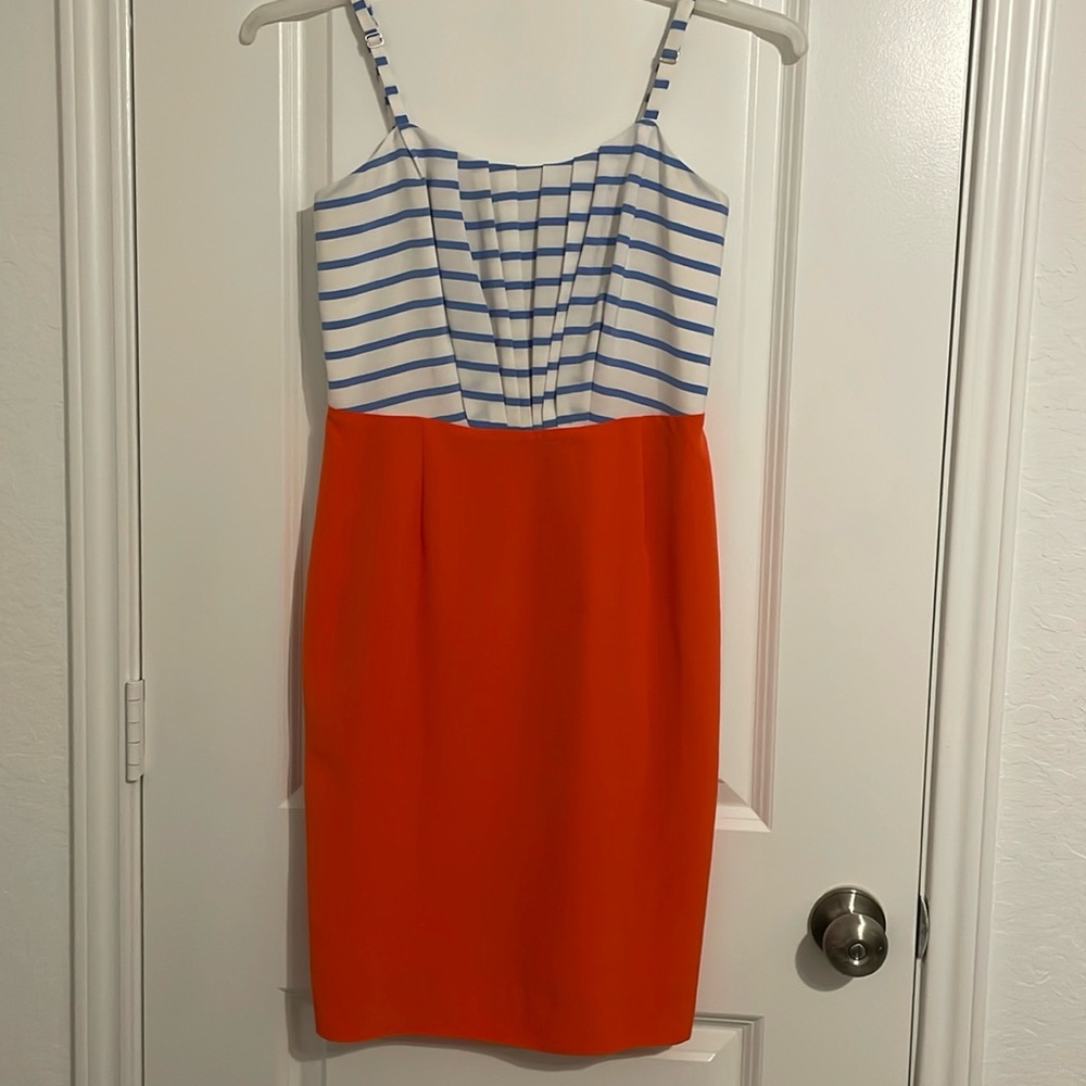 Women’s spring dress, size 4, top blue/white, bottom orange with lining inside